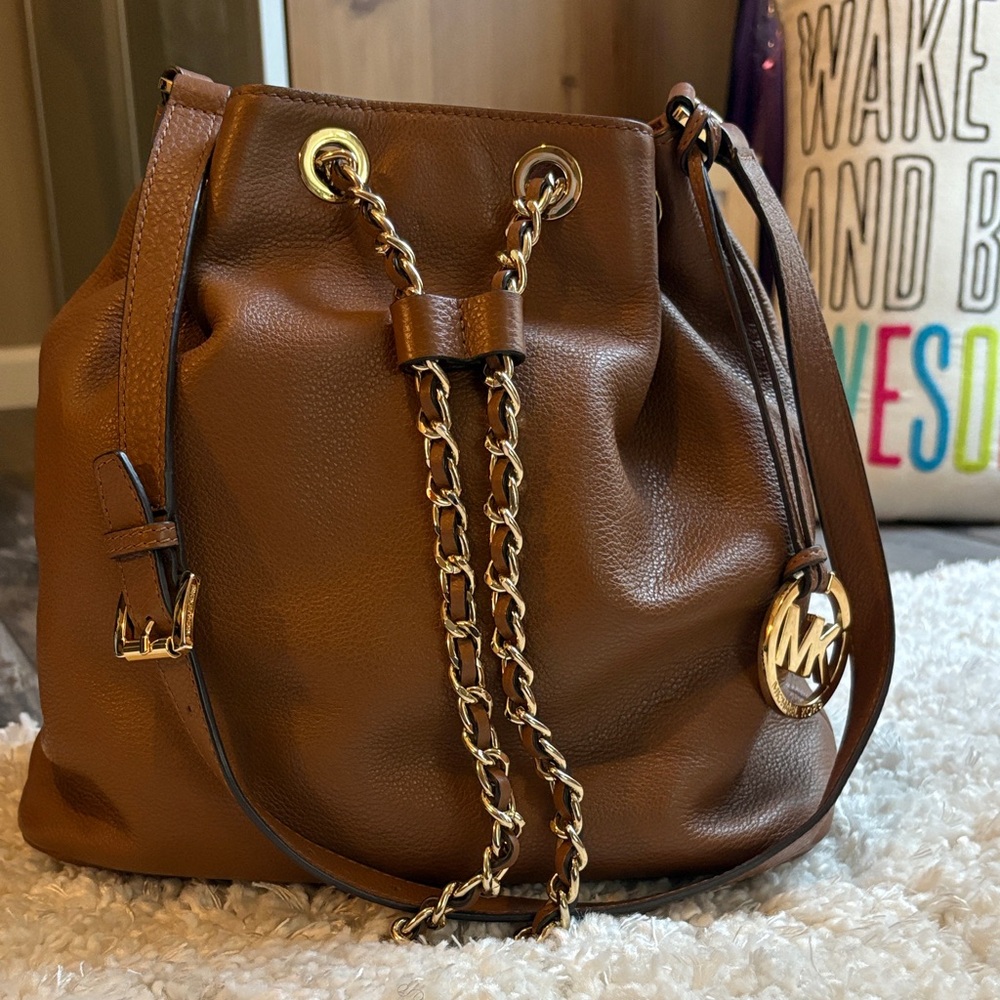 Michael Kors Frankie Brown Pebbled Leather Drawstring Shoulder Bag